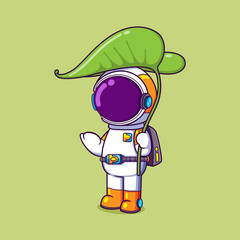 The astronaut is shading on a big leaf while raining outside and waiting