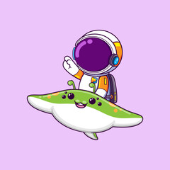 The astronaut is riding a fly stingray alien on sky and pointing on something
