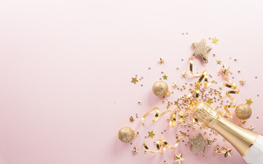 Happy New year celebration background concept. Champagne bottle , golden ribbon, stars and...