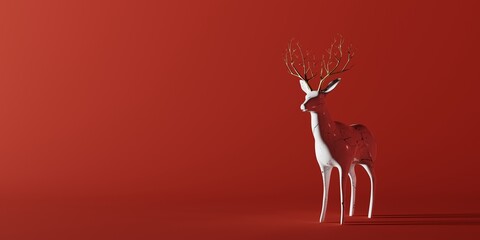 White ceramic reindeer statue sculpture on red background for Christmas and New year party with copy space. Holiday and seasonal concept. 3D illustration rendering