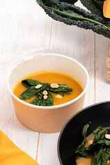 Pumpkin soup in an ecological container