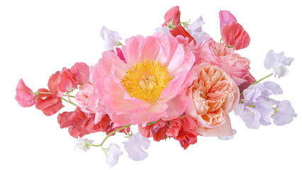 	
Bouquet of pink peonies and roses closeup isolated