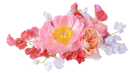 	
Bouquet of pink peonies and roses closeup isolated