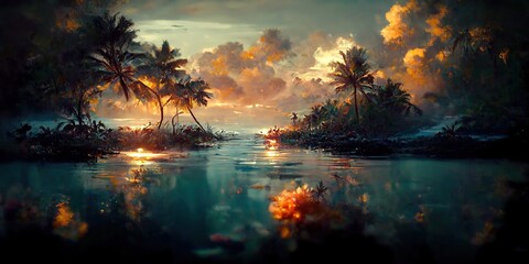 Tropical Island with beautiful landscape and deep sea reflections. Generative AI.  - obrazy, fototapety, plakaty