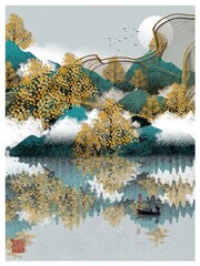 Gold thread bronzing Chinese landscape mural decorative painting Chinese painting