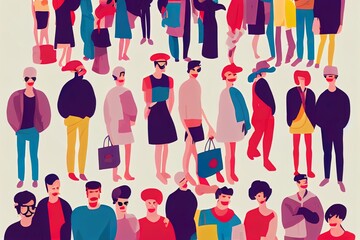 Crowd of young and elderly men and women in trendy hipster clothes. Diverse group of stylish people standing together. Society or population, social diversity. Flat cartoon 2d illustrated illustration