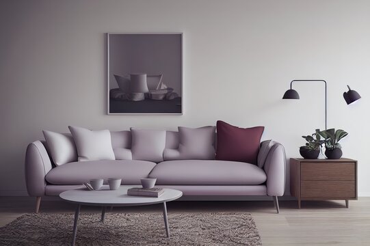 Soft color living room with sofa. Scandinavian interior design. 3D illustration © 2rogan