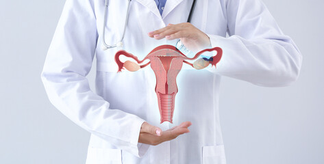 Gynecologist and female reproductive organs on virtual screen against light background