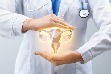 Gynecologist and female reproductive organs on virtual screen, closeup