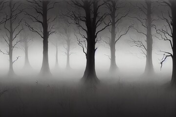Obraz premium Spooky landscape showing silhouettes of trees in the swamp on misty autumn day.