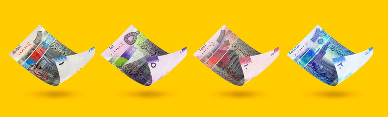 Set of Kuwaiti dinar notes denomination. 3d illustration - obrazy, fototapety, plakaty