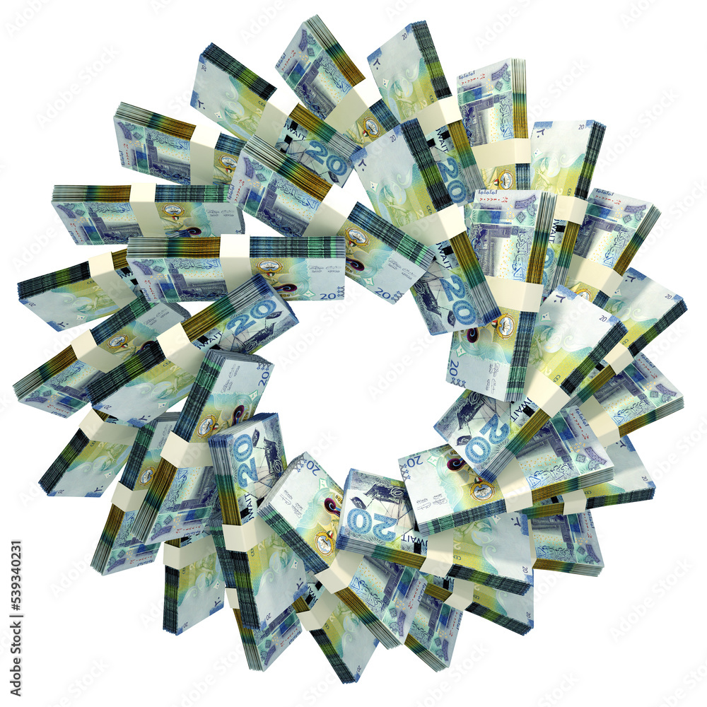 Poster 3d rendering of stacks of kuwaiti dinar arranged in a circular pattern.