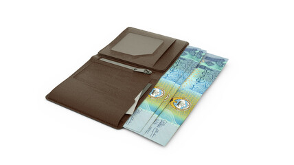 3D rendering of Kuwaiti dinar notes in wallet