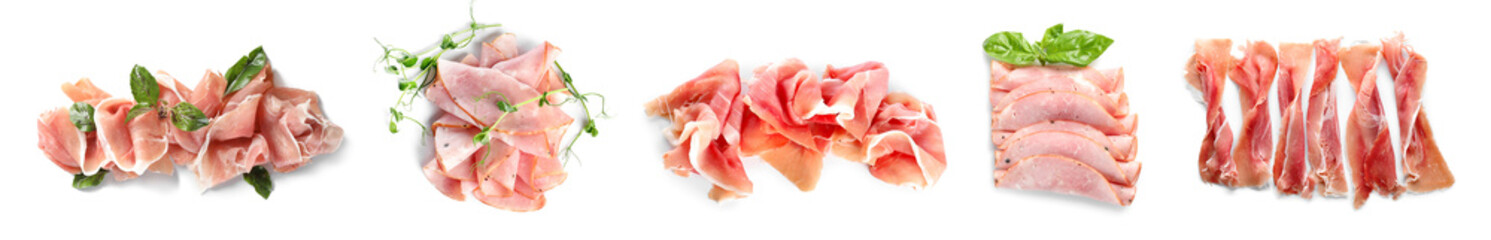 Set of of tasty ham isolated on white