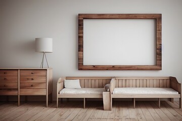 Mock up frame in children room with natural wooden furniture, Farmhouse style interior background, 3D render
