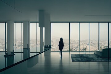 Fototapeta na wymiar Modern interior design room with panoramic windows