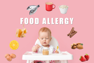 Cute baby with food allergy to different products sitting in high chair against pink background