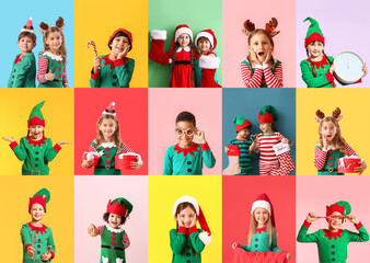 Collage with cute little elves on colorful background