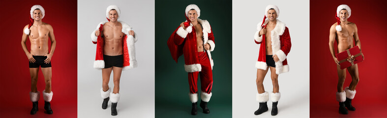 Set of sexy young man in Santa costume on colorful background