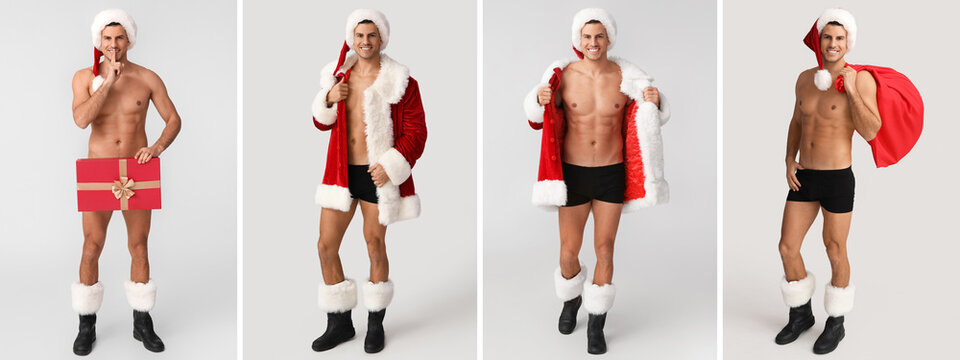Set of sexy young man in Santa costume on light background