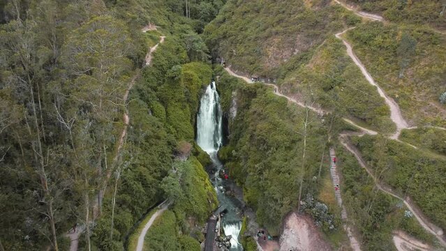 Aerial View Of Cascading Peguche Waterfall In Otavalo. Pedestal Back, Ascending Shot