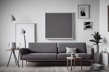 Stylish scandinavian interior of living room with design grey sofa, retro wooden table, mock up poster frame, decoration , carpet and personal accessories in elegant home decor.