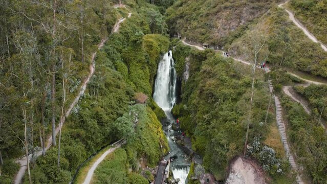 Aerial View Of Cascading Peguche Waterfall In Otavalo. Pedestal Down