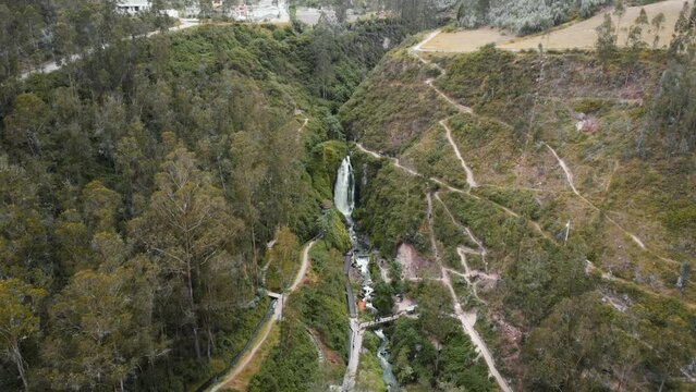 Aerial High Angle View Of Las Cascadas de Peguche In Otavalo. Dolly Forward, Descending Towards It