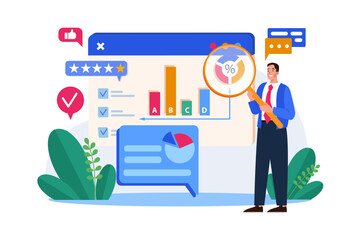 Business man analysis survay online result with graph.