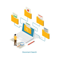Isometric file search in database, document flow management concept. Cloud data storage and remote data access
