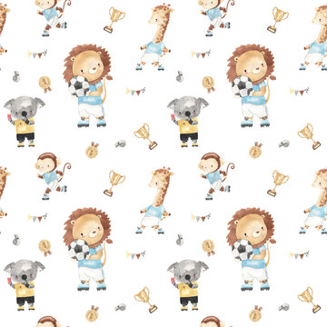 watercolor football seamless pattern illustration for kids