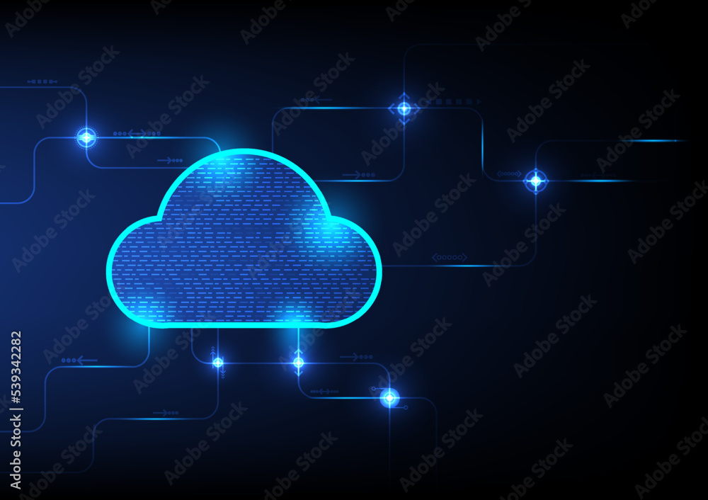 Poster high-tech cloud computing system with networks and symbols that exchange data on a blue background.