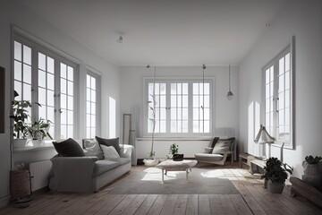 Fototapeta na wymiar Scandinavian farmhouse living room interior, wall mockup, 3d render