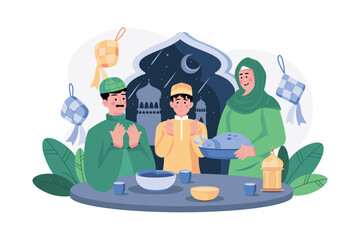Muslim Family doing Eid prayer doing dinner Illustration concept on white background