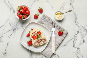 Composition with slices of tasty strawberry roll cake, fresh berries and cream on light background