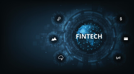 Financial technology and Business world class.Icon Fintech and things on dark blue technology background represents the connection Financial technology,banking and Business world class.