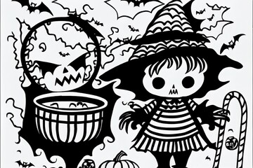Trick or Treat coloring page. Halloween coloring page for kids. Cartoon children in Halloween costumes. Cute children, witch, dracula, pumpkin, bat, zombie, mummy, cat. High quality Illustration