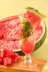 Glass with cold watermelon fresh on table, closeup