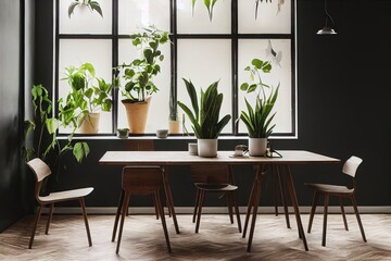 Fototapeta premium Stylish and botany interior of dining room with design craft wooden table, chairs, a lof of plants, window, poster map and elegant accessories in modern home decor. Template.