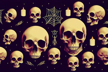 Decorative human skull on dark natural mystery background. magical esoteric ritual. symbol of Halloween, samhain sabbat. Mysticism, divination, wicca, occultism, Witchcraft concept. flat lay. High - obrazy, fototapety, plakaty