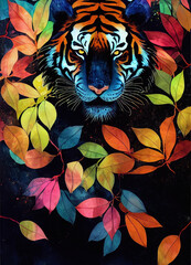 Tiger in the jungle at night, painted in mixed media, beautiful watercolor poster with stunning combinations , tropical flowers and beautiful paper textures