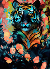 Tiger in the jungle at night, painted in mixed media, beautiful watercolor poster with stunning combinations , tropical flowers and beautiful paper textures