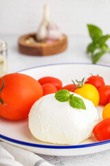 Plate with tasty mozzarella cheese and fresh tomatoes on light background, closeup