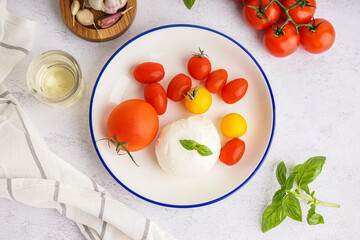 Plate with tasty mozzarella cheese and fresh tomatoes on light background