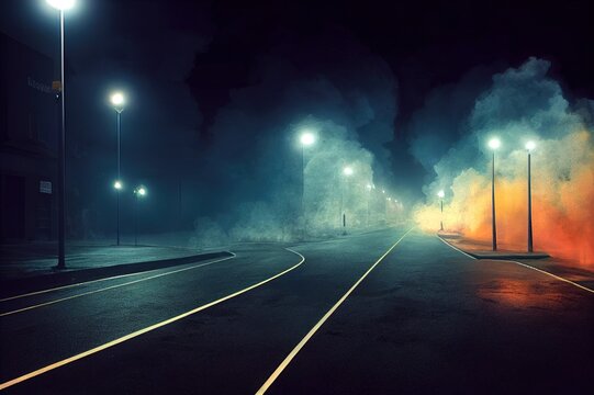 3D Rendering Abstract asphalt light in a dark street and smoke.. High quality Illustration