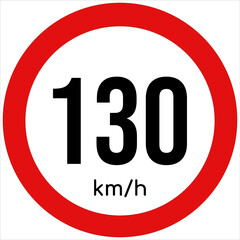  Maximum speed limit illustration 130 km per hour. Traffic sign icon isolated on a white background 
