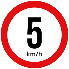 Maximum speed limit illustration 5 km per hour. Traffic sign icon isolated on a white background