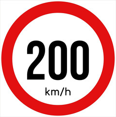 Maximum speed limit illustration 200 km per hour. Traffic sign icon isolated on a white background