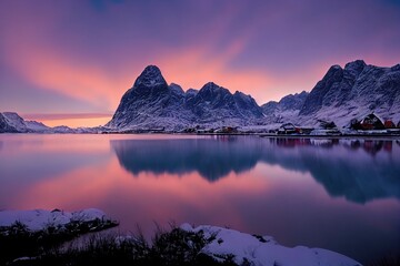 Magical evening in Lofoten. North fjords with mountains landscape. scenic photo of winter mountains and vivid colorful sky. stunning natural background. Picturesque Scenery of Lofoten islands. Norway - obrazy, fototapety, plakaty