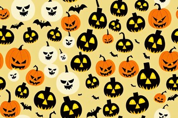 Fototapeta premium Halloween Cute 2d illustrated Seamless Pattern Texture. Cartoon Pumpkin Boo, Bat, Web Hand drawn doodles design for baby clothes, nursery textile, wrapping paper. Halloween print, vintage repeat